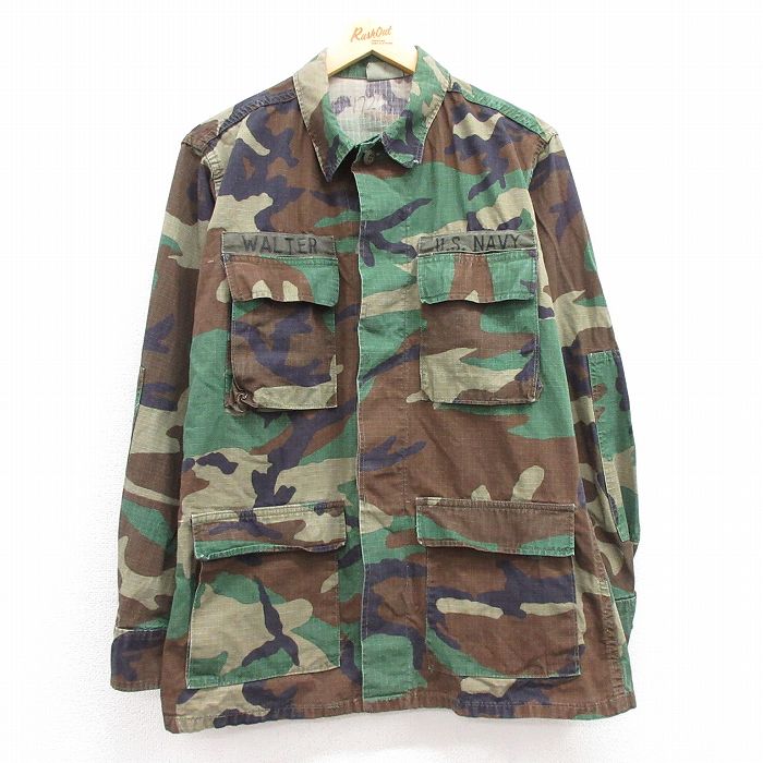 【中古】古着 長袖 ミリタリージャケット メンズ USネイビー コンバット リップストップ ウッドランドカモ コットン 緑 グリーン 迷彩 Lサイズ 中古 アウター フライト 中古メンズアウターフライトヴィンテージ 5OF