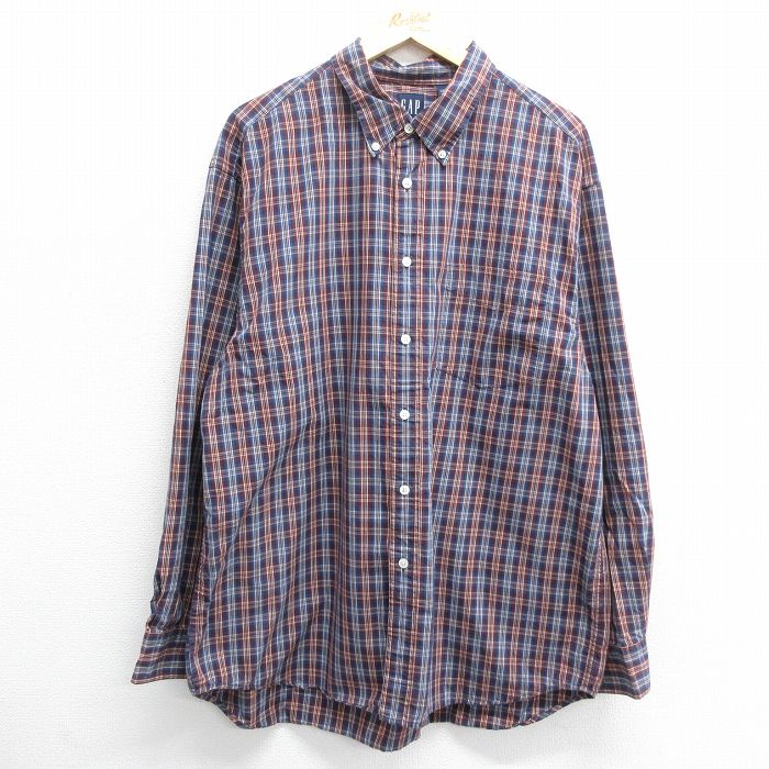 【中古】古着 ギャップ GAP 長袖 ブランドシャツ メンズ 00年代 00s ロング丈 大きいサイズ 2L LL ビッグシルエット ゆったり ビッグサイズ オーバーサイズ コットン ボタンダウン 紺他 ネイビー チェック XLサイズ 中古 トップス | 春夏 春物 春服 秋冬 秋物 秋服 カ