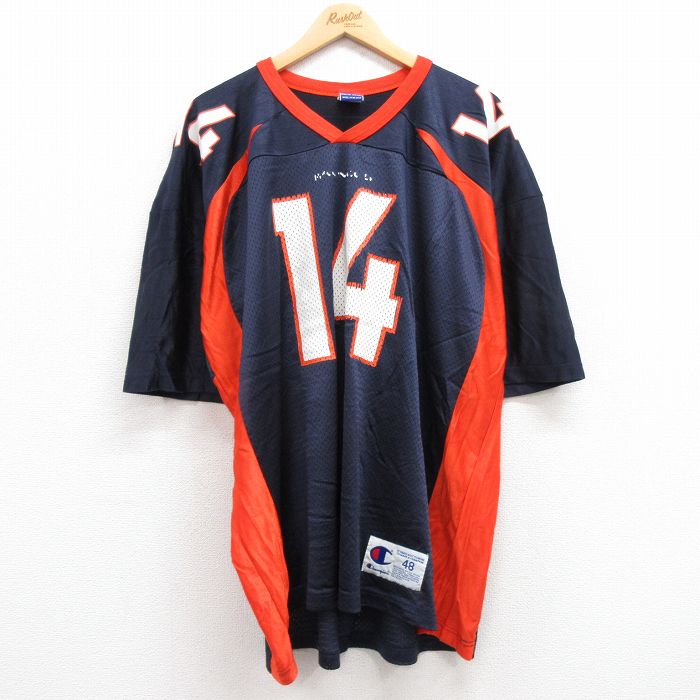 【中古】古着 チャンピオン champion 半袖 ビンテージ ヴィンテージ フットボールTシャツ メンズ 90年代 90s NFL デンバーブロンコス ブライアングリース 14 メッシュ地 大きいサイズ 2L LL ビッグシルエット ゆったり ビッグサイズ オーバーサイズ Vネック 紺 ネイビ