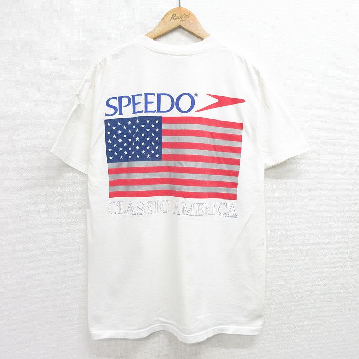 【中古】古着 スピード SPEEDO 半袖 ビンテージ ヴィンテージTシャツ メンズ 90年代 90s 星条旗 ボロ コットン クルーネック 丸首 USA製 アメリカ製 白 ホワイト 【spe】 Lサイズ 中古 | 春夏 夏物 夏服 ヴィンテージTシャツ メンズファッション カットソー