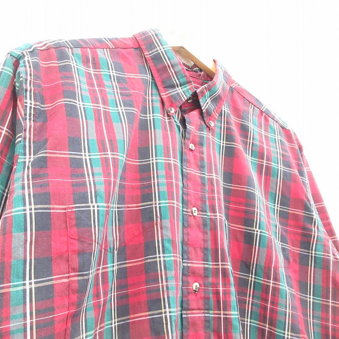 【中古】古着 バンヒューセン 長袖シャツ メンズ 90年代 90s ボタンダウン エンジ他 チェック XLサイズ 中古 トップス | 春夏 春物 春服 秋冬 秋物 秋服 カジュアルシャツ メンズファッション 長袖シャツ おしゃれ カジュアル