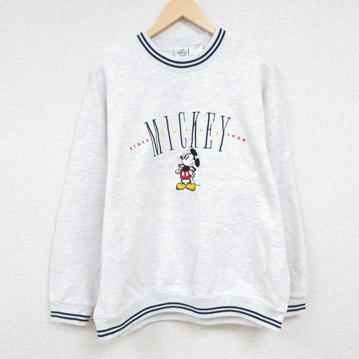 【中古】古着 長袖スウェット メンズ 00年代 00s ディズニー DISNEY ミッキー MICKEY MOUSE 刺繍 大きいサイズ 2L LL ビッグシルエット ゆったり ビッグサイズ オーバーサイズ クルーネック 丸首 薄グレー 霜降り XLサイズ 中古 スエット トレーナー トップス 春夏