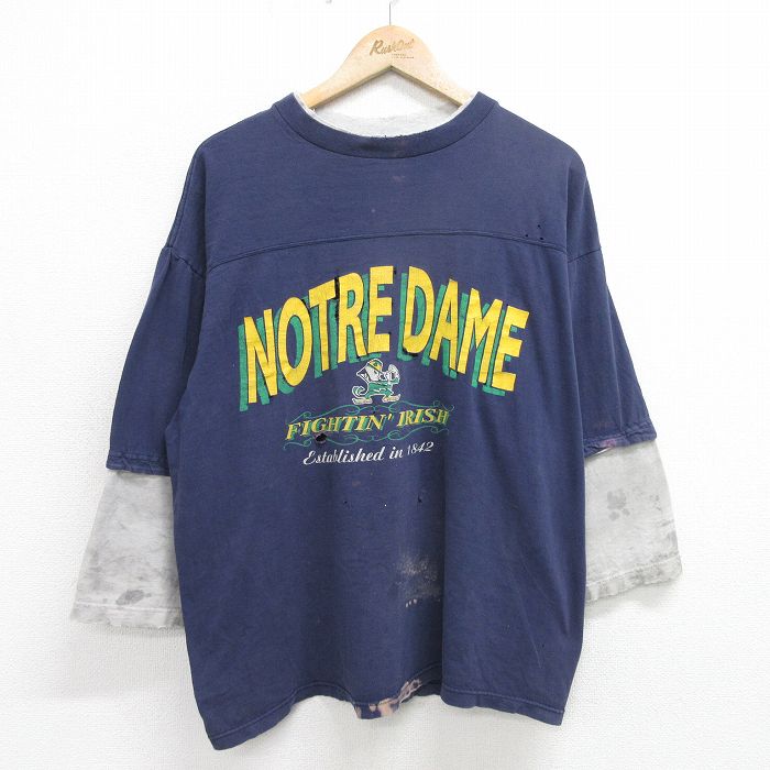 古着 5分袖 ビンテージ ヴィンテージTシャツ メンズ 90年代 90s ノートルダム ファイティングアイリッシュ ボロ 大きいサイズ 2L LL ビッグシルエット ゆったり ビッグサイズ オーバーサイズ コットン クルーネック 丸首 USA製 アメリカ製 紺他 ネイビー XLサ