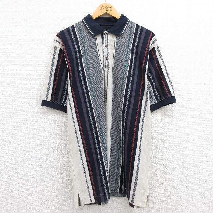 乐天商城 - 【中古】古着 半袖 ポロシャツ メンズ 90年代 90s ワンポイントロゴ 鹿の子 紺他 ネイビー ストライプ XLサイズ 中古 トップス | 春夏 春物 春服 夏物 夏服 カジュアルシャツ メンズファッション 半袖シャツ おしゃれ カジュアル