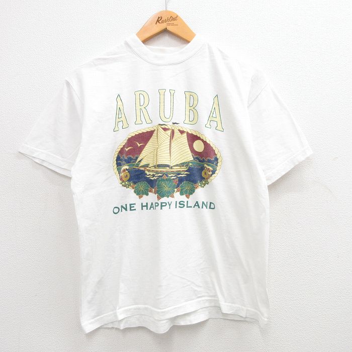 乐天商城 - 【中古】古着 半袖 ビンテージ ヴィンテージTシャツ メンズ 00年代 00s ARUBA ヨット ハイビスカス コットン クルーネック 丸首 白 ホワイト Lサイズ 中古 | 春夏 夏物 夏服 ヴィンテージTシャツ メンズファッション カットソー ティーシャツ ティシャツ メン