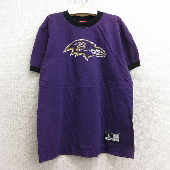 【中古】古着 リーボック REEBOK 半袖 ビンテージ ヴィンテージTシャツ キッズ ボーイズ 子供服 00年代 00s NFL ボルチモアレイブンズ コットン クルーネック 丸首 紫他 パープル リンガー アメフト スーパーボウル | 春夏 春物 春服 秋冬 秋物 秋服 女の子