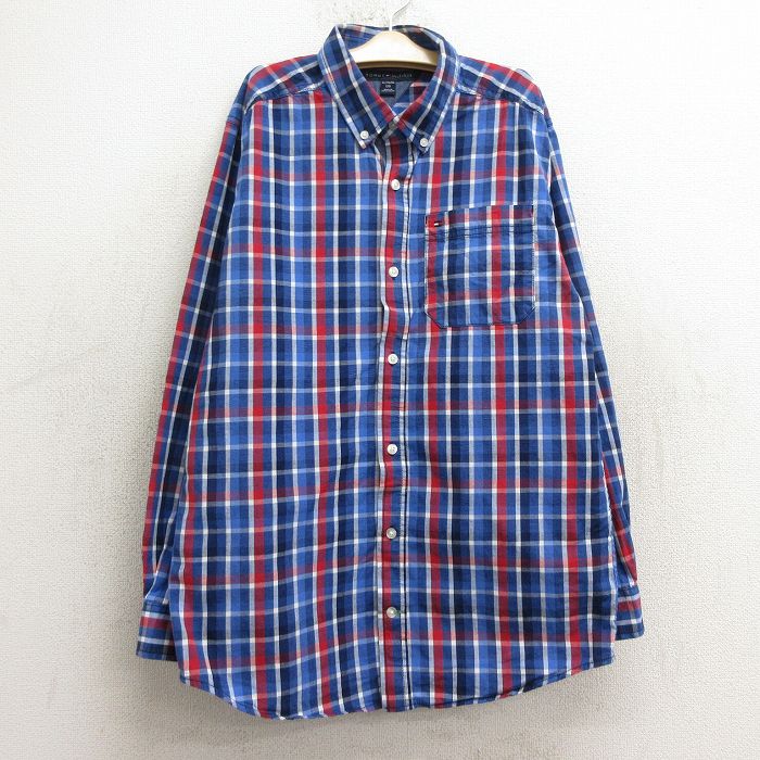 【中古】古着 トミーヒルフィガー TOMMY HILFIGER 長袖 ブランドシャツ キッズ ボーイズ 子供服 ワンポイントロゴ ボタンダウン 青他 ブルー チェック | 春夏 春物 春服 秋冬 秋物 秋服 女の子 子ども服 こども服 カジュアル ファッション おしゃれ かわいい