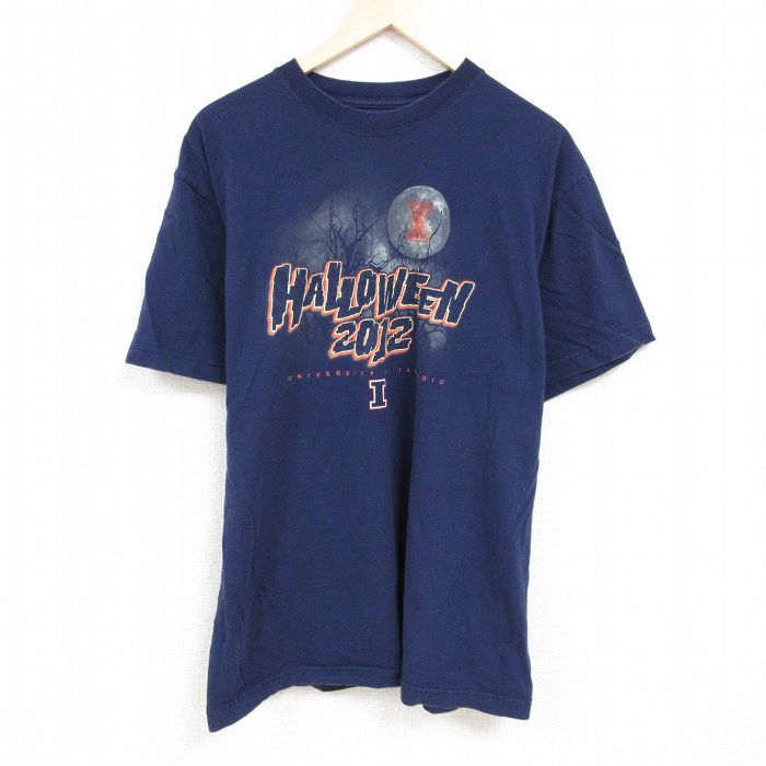 【中古】古着 イリノイ大学 半袖Tシャツ メンズ XLサイズ 紺 コットン クルーネック アメカジ ストリート カジュアル きれいめ ヴィンテージ レトロ オールド 24may21 5OF