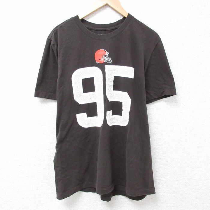 【中古】古着 ナイキ NIKE 半袖 ブランドTシャツ メンズ NFL クリーブランドブラウンズ マイルズギャレット 95 大きいサイズ 2L LL ビッグシルエット ゆったり ビッグサイズ オーバーサイズ コットン クルーネック 丸首 こげ茶 ブラウン アメフト スーパーボウル XLサ