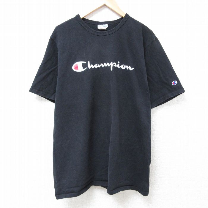 【中古】古着 チャンピオン Champion 半袖 ブランドTシャツ メンズ ビッグロゴ 大きいサイズ 2L LL ビッグシルエット ゆったり ビッグサイズ オーバーサイズ コットン クルーネック 丸首 黒 ブラック XLサイズ 中古 | 春夏 夏物 夏服 メンズファッション カッ 5OF(4.0)