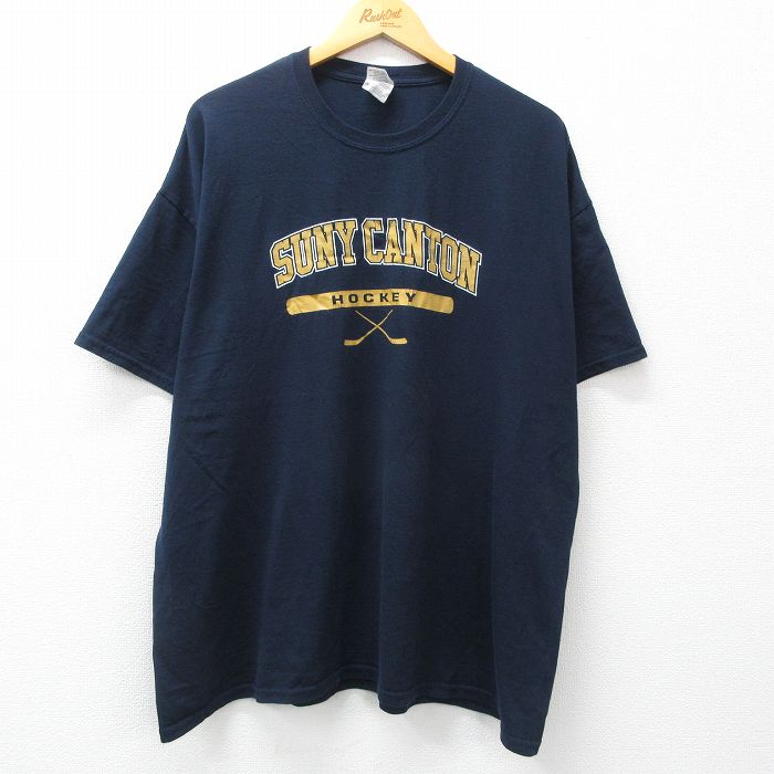 【中古】古着 00s ヴィンテージTシャツ メンズ 濃紺 2Lサイズ ホッケープリント クルーネック アメカジ ストリート カジュアル きれいめ レトロ オールド 大きいサイズ ビッグサイズ