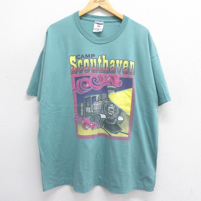 【中古】古着 ジャージーズ 半袖 ビンテージ ヴィンテージTシャツ メンズ 90年代 90s 機関車 大きいサイズ 2L LL ビッグシルエット ゆったり ビッグサイズ オーバーサイズ クルーネック 丸首 USA製 アメリカ製 青緑系 霜降り XLサイズ 中古 | 春夏 夏物 夏服 ヴィンテ