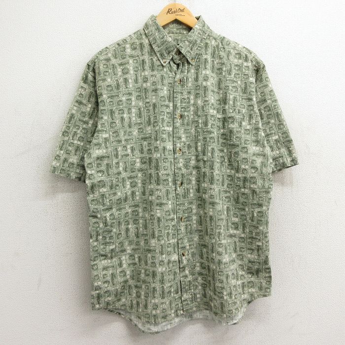 【中古】古着 レッドヘッド 半袖シャツ メンズ 00年代 00s 魚 総柄 コットン ボタンダウン 緑他 グリーン Lサイズ 中古 トップス | 春夏 春物 春服 夏物 夏服 カジュアルシャツ メンズファッション 半袖シャツ おしゃれ カジュアル