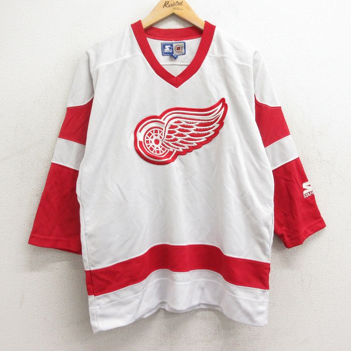 【中古】古着 スターター STARTER 長袖 ビンテージ ヴィンテージTシャツ アイスホッケー ジャージ メンズ 90年代 90s NHL デトロイトレッドウィングス ヒジ当て 大きいサイズ 2L LL ビッグシルエット ゆったり ビッグサイズ オーバーサイズ メッシュ地 Vネック 白他 ホ