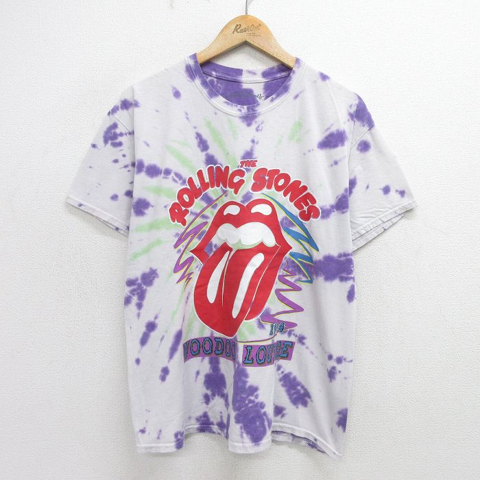 古着 半袖 ロックTシャツ バンドTシャツ メンズ ローリングストーンズ The Rolling Stones コットン クルーネック 丸首 紫他 パープル タイダイ Lサイズ 中古 | 春夏 夏物 夏服 メンズファッション カットソー ティーシャツ ティシャツ メンズTシャツ 半袖Tシ