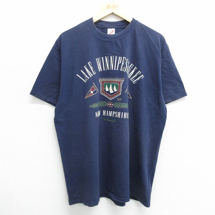 【中古】古着 ジャージーズ 半袖 ビンテージ ヴィンテージTシャツ メンズ 90年代 90s ウィニペソーキー湖 大きいサイズ 2L LL ビッグシルエット ゆったり ビッグサイズ オーバーサイズ コットン クルーネック 丸首 USA製 アメリカ製 紺 ネイビー XLサイズ 中