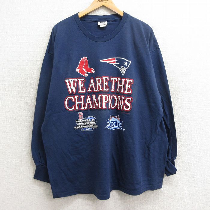 【中古】古着 リー Lee 長袖 ビンテージ ヴィンテージTシャツ メンズ 00年代 00s NFL ニューイングランドペイトリオッツ MLB ボストンレッドソックス 大きいサイズ 2L LL ビッグシルエット ゆったり ビッグサイズ オーバーサイズ コットン クルーネック 丸首 5OF