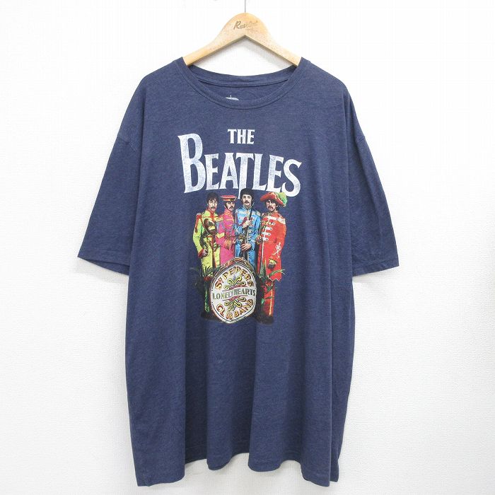 【中古】古着 半袖 ロックTシャツ バンドTシャツ メンズ ビートルズ The Beatles 大きいサイズ 2L LL ビッグシルエット ゆったり ビッグサイズ オーバーサイズ ロング丈 クルーネック 丸首 紺 ネイビー 霜降り XLサイズ 中古 | 春夏 夏物 夏服 メンズファッション カッ