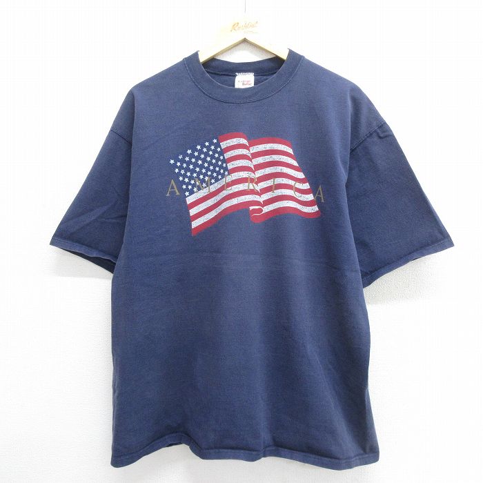 【中古】古着 半袖 ビンテージ ヴィンテージTシャツ メンズ 90年代 90s 星条旗 大きいサイズ 2L LL ビッグシルエット ゆったり ビッグサイズ オーバーサイズ コットン USA製 アメリカ製 紺 ネイビー XLサイズ 中古 | 春夏 夏物 夏服 ヴィンテージTシャツ メン 5OF