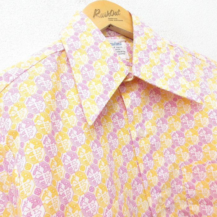 【中古】古着 半袖シャツ メンズ 70年代 70s 総柄 黄色他 イエロー Sサイズ 小さいサイズ 中古 トップス | 春夏 春物 春服 夏物 夏服 カジュアルシャツ メンズファッション 半袖シャツ おしゃれ カジュアル