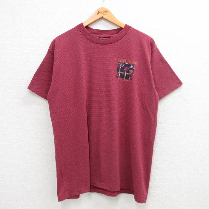 Rakuten - 【中古】古着 90s ヴィンテージTシャツ メンズ XLサイズ USA製 テキサス ヤシの木 エンジ ボーダー クルーネック アメカジ ストリート カジュアル きれいめ 24jun17