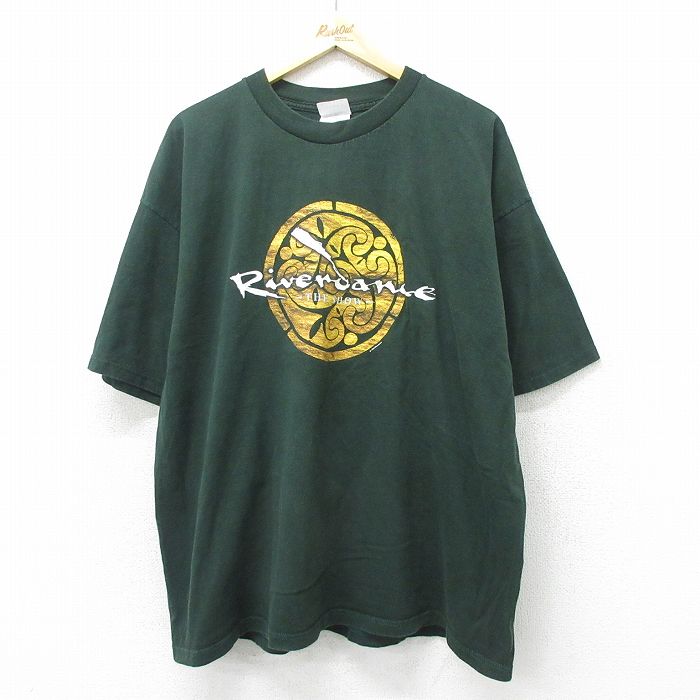 乐天商城 - 【中古】古着 半袖 ビンテージ ヴィンテージTシャツ メンズ 90年代 90s リバーダンス 大きいサイズ 2L LL ビッグシルエット ゆったり ビッグサイズ オーバーサイズ コットン クルーネック 丸首 濃緑 グリーン XLサイズ 中古 | 春夏 夏物 夏服 ヴィンテージTシ