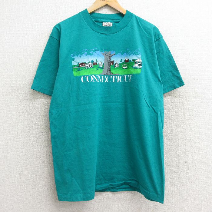 乐天商城 - 【中古】古着 オニータ ONEITA 半袖 ビンテージ ヴィンテージTシャツ メンズ 90年代 90s 木 家 コットン クルーネック 丸首 USA製 アメリカ製 青緑 Lサイズ 中古 | 春夏 夏物 夏服 ヴィンテージTシャツ メンズファッション カットソー ティーシャツ ティシャ