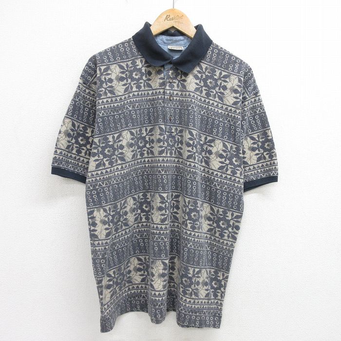 【中古】古着 ビューグルボーイ 00s ポロシャツ メンズ XLサイズ 紺 花柄 鹿の子 半袖 アメカジ ストリート カジュアル きれいめ ヴィンテージ レトロ オールド 24jun28