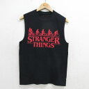 【中古】古着 ノースリーブTシャツ メンズ ドラマ ストレンジャーシングス クルーネック 丸首 黒 ブラック Sサイズ 小さいサイズ 中古 春夏 夏物 夏服 メ...