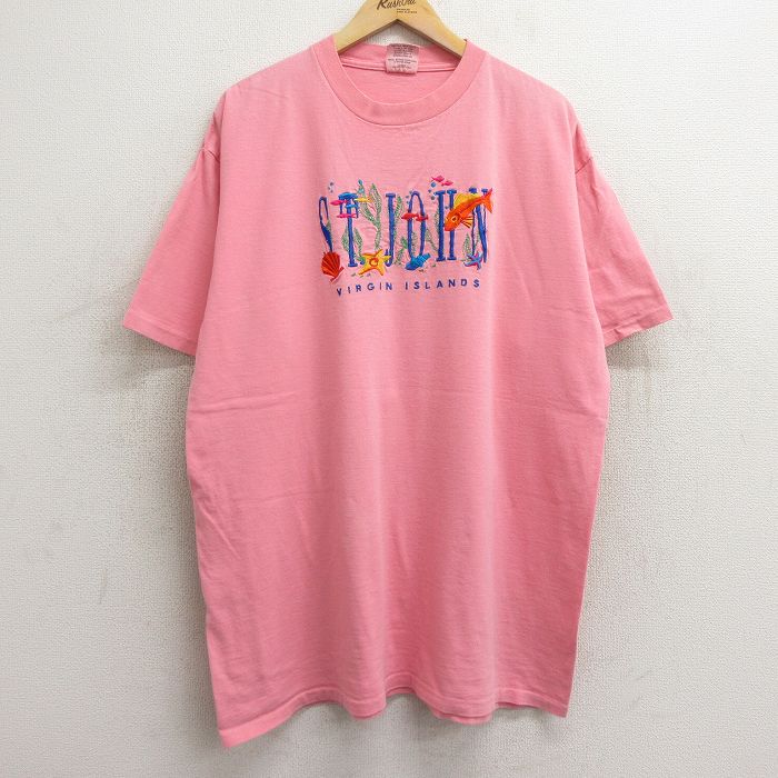 樂天商城 - 【中古】古着 半袖 ビンテージ ヴィンテージTシャツ メンズ 90年代 90s セントジョン 魚 刺繍 ロング丈 大きいサイズ 2L LL ビッグシルエット ゆったり ビッグサイズ オーバーサイズ コットン クルーネック 丸首 USA製 アメリカ製 ピンク XLサイズ 中古 | 春