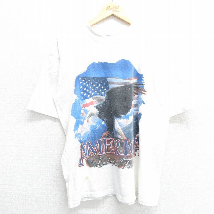 Rakuten - 【中古】古着 All Sport 00s ヴィンテージTシャツ メンズ XLサイズ 白 ワシ 星条旗 プリント コットン クルーネック アメカジ ストリート カジュアル 24jul02