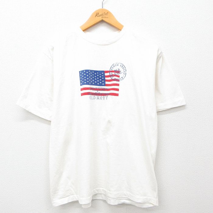 樂天商城 - 【中古】古着 半袖 ビンテージ ヴィンテージTシャツ メンズ 90年代 90s OLD NAVY 星条旗 クルーネック 丸首 生成り Lサイズ 中古 | 春夏 夏物 夏服 ヴィンテージTシャツ メンズファッション カットソー ティーシャツ ティシャツ メンズTシャツ 半袖Tシャツ 半