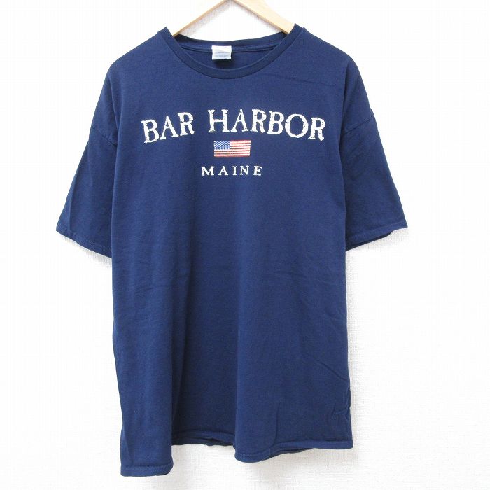 乐天商城 - 【中古】古着 半袖Tシャツ メンズ バーハーバー 星条旗 大きいサイズ 2L LL ビッグシルエット ゆったり ビッグサイズ オーバーサイズ コットン クルーネック 丸首 紺 ネイビー XLサイズ 中古 中古メンズ半袖プリントキャラクター