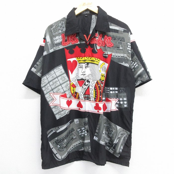 【中古】古着 半袖シャツ メンズ 00年代 00s ラスベガス カジノ トランプ ロング丈 開襟 オープンカラー 黒他 ブラック XLサイズ 中古 トップス | 春夏 春物 春服 夏物 夏服 カジュアルシャツ メンズファッション 半袖シャツ おしゃれ カジュアル