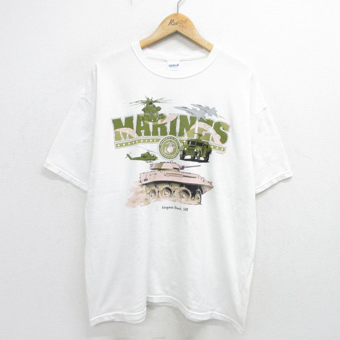 Military - 【中古】古着 00s ヴィンテージTシャツ メンズ XLサイズ 白 ミリタリー 戦車 戦闘機 プリント コットン クルーネック アメカジ ストリート カジュアル きれいめ 24jul16 5OF