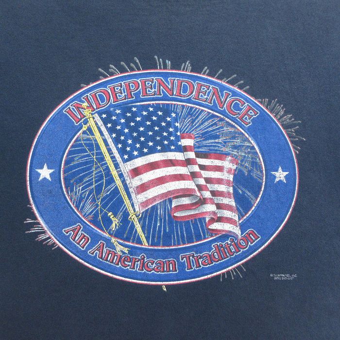【中古】古着 00s ヴィンテージTシャツ メンズ Lサイズ 紺 ネイビー INDEPENDENCE 星条旗 ラメ コットン クルーネック アメカジ ストリート カジュアル 24jul18 2