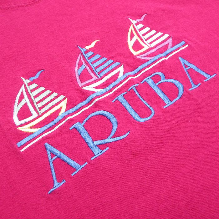 【中古】古着 半袖 ビンテージ ヴィンテージTシャツ メンズ 00年代 00s ARUBA 刺繍 コットン クルーネック 丸首 濃ピンク Lサイズ 中古 | 春夏 夏物 夏服 ヴィンテージTシャツ メンズファッション カットソー ティーシャツ ティシャツ メンズTシャツ 半袖Tシ
