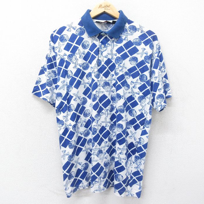 樂天商城 - 【中古】古着 アロー 半袖 ポロシャツ メンズ 90年代 90s ゴルフ 総柄 青他 ブルー XLサイズ 中古 トップス | 春夏 春物 春服 夏物 夏服 カジュアルシャツ メンズファッション 半袖シャツ おしゃれ カジュアル