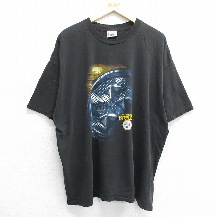 乐天商城 - 【中古】古着 半袖 ビンテージ ヴィンテージTシャツ メンズ 00年代 00s NFL ピッツバーグスティーラーズ 大きいサイズ 2L LL ビッグシルエット ゆったり ビッグサイズ オーバーサイズ コットン クルーネック 丸首 黒 ブラック アメフト スーパーボウル XLサイ