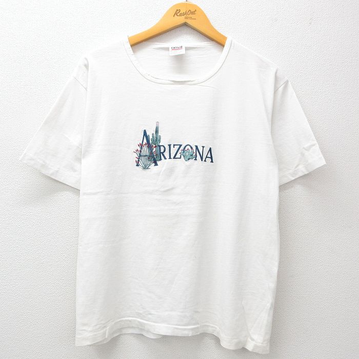 【中古】古着 半袖 ビンテージ ヴィンテージTシャツ メンズ 90年代 90s アリゾナ サボテン 刺繍 コットン クルーネック 丸首 USA製 アメリカ製 白 ホワイト Lサイズ 中古 | 春夏 夏物 夏服 ヴィンテージTシャツ メンズファッション カットソー ティーシャツ 5OF