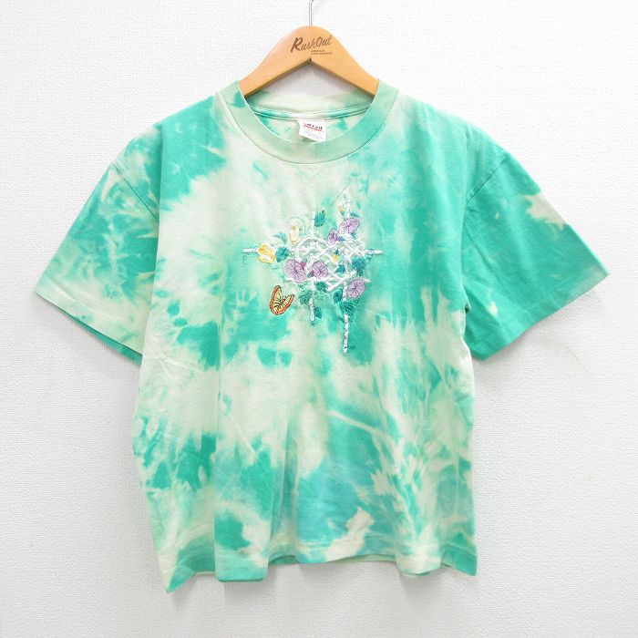 【中古】古着 半袖 ビンテージ ヴィンテージTシャツ レディース 00年代 00s アサガオ チョウ 刺繍 コットン クルーネック 丸首 緑他 グリーン タイダイ 中古 | 春夏 春物 春服 秋冬 秋物 秋服 カットソー レディースファッション ロンT ロング丈 おしゃれ か