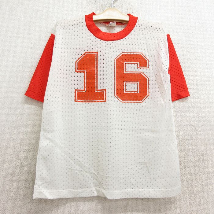 【中古】古着 半袖 ビンテージ ヴィンテージTシャツ キッズ ボーイズ 子供服 80年代 80s 16 ツートンカラー バイカラー メッシュ地 クルーネック 丸首 白他 ホワイト ユニフォーム ゲームシャツ | 春夏 春物 春服 秋冬 秋物 秋服 女の子 子ども服 こども服 カ