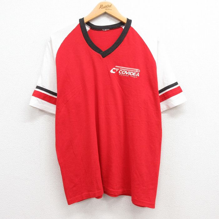 乐天商城 - 【中古】古着 半袖 ビンテージ ヴィンテージTシャツ メンズ 80年代 80s COVIDEA ラグラン Vネック 赤他 レッド Lサイズ 中古 | 春夏 夏物 夏服 ヴィンテージTシャツ メンズファッション カットソー ティーシャツ ティシャツ メンズTシャツ 半袖Tシャツ 半袖テ