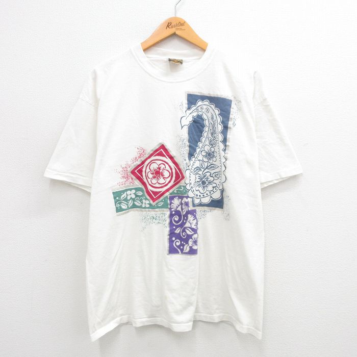 乐天商城 - 【中古】古着 半袖 ビンテージ ヴィンテージTシャツ メンズ 90年代 90s 花 コットン クルーネック 丸首 白 ホワイト XLサイズ 中古 | 春夏 夏物 夏服 ヴィンテージTシャツ メンズファッション カットソー ティーシャツ ティシャツ メンズTシャツ 半袖Tシャツ