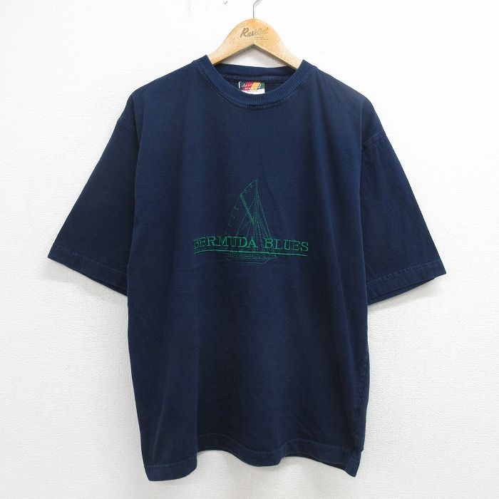 乐天商城 - 【中古】古着 半袖 ビンテージ ヴィンテージTシャツ メンズ 00年代 00s 船 バルミューダブルース 刺繍 大きいサイズ 2L LL ビッグシルエット ゆったり ビッグサイズ オーバーサイズ コットン クルーネック 丸首 紺 ネイビー XLサイズ 中古 | 春夏 夏物 夏服