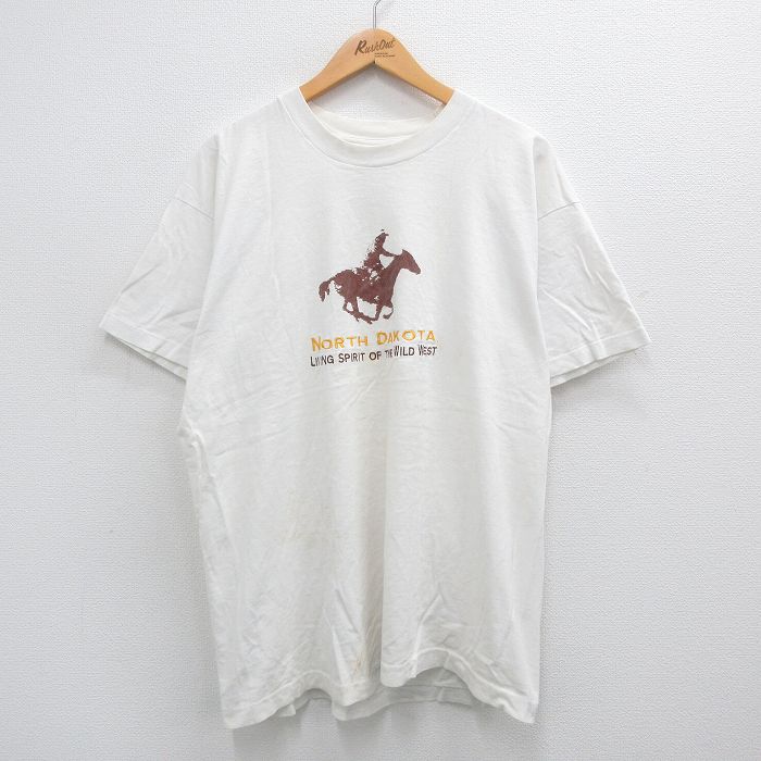 【中古】古着 フルーツオブザルーム 半袖 ビンテージ ヴィンテージTシャツ メンズ 90年代 90s ノースダコタ 馬 カウボーイ 大きいサイズ 2L LL ビッグシルエット ゆったり ビッグサイズ オーバーサイズ コットン クルーネック 丸首 USA製 アメリカ製 白 ホワ 5OF