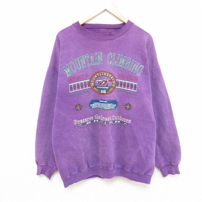 【中古】古着 アメリカンイーグル American Eagle 長袖スウェット メンズ 90年代 90s MOUNTAIN CLIMBING ボロ 大きいサイズ 2L LL ビッグシルエット ゆったり ビッグサイズ オーバーサイズ クルーネック 丸首 紫 パープル 【spe】 XLサイズ 中古 スエット ト 5OF