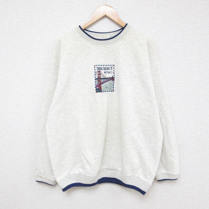 【中古】古着 長袖スウェット メンズ 00年代 00s 橋 ヨット 刺繍 クルーネック 丸首 薄グレー 霜降り X..