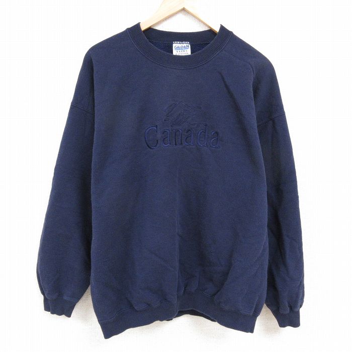乐天商城 - 【中古】古着 長袖スウェット メンズ 00年代 00s カナダ 刺繍 大きいサイズ 2L LL ビッグシルエット ゆったり ビッグサイズ オーバーサイズ クルーネック 丸首 紺 ネイビー XLサイズ 中古 スエット トレーナー トップス | 春夏 春物 春服 秋冬 秋物 秋服 メン