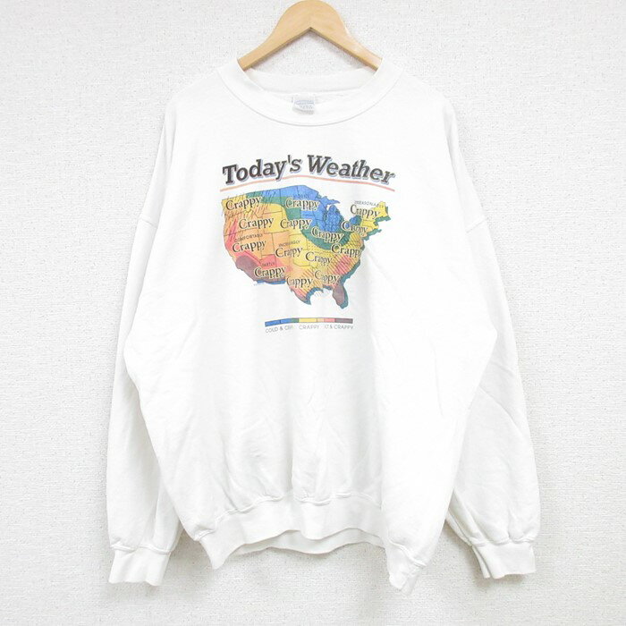 【中古】古着 長袖スウェット メンズ 00年代 00s Weather 大きいサイズ 2L LL ビッグシルエット ゆったり ビッグサイズ オーバーサイズ クルーネック 丸首 白 ホワイト XLサイズ 中古 スエット トレーナー トップス | 春夏 春物 春服 秋冬 秋物 秋服 メンズフ